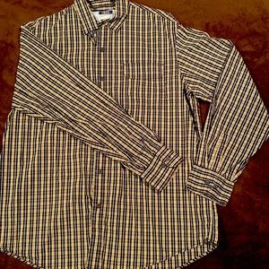 Black, red, and white button down shirt